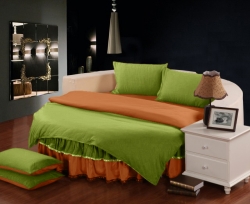 Комплект постельного белья с цельной простынью - подзором на Круглую кровать Салатовый + Медовый